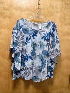 Alfred Dunner Blue Floral Women’s Top with sheer overlay & detachable necklace